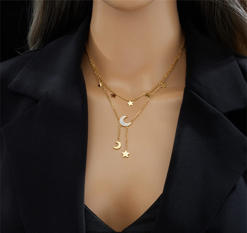 Moon and stars layered chain necklace, view 4