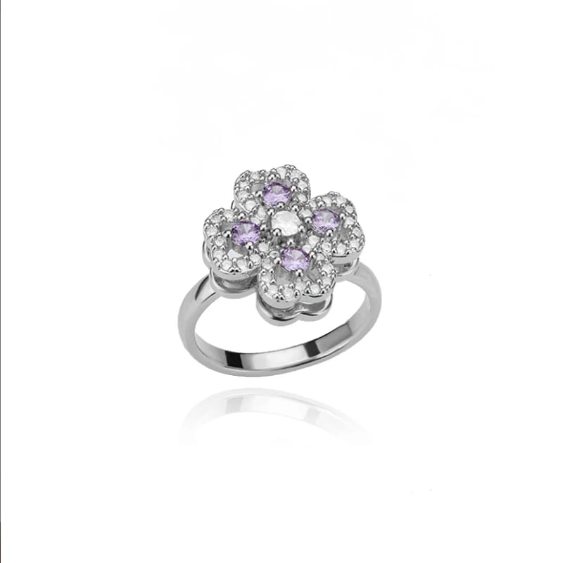 Zircon rotating clover ring in silver, view 1