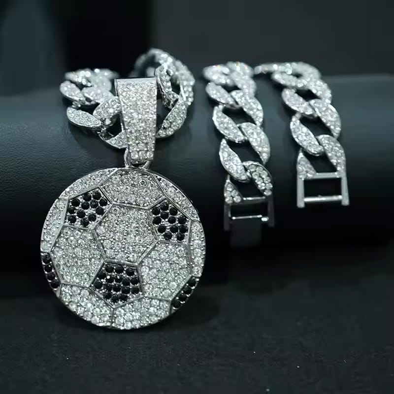 Iced Football Pendant Cuban Link Chain Necklace, Silver, view 1
