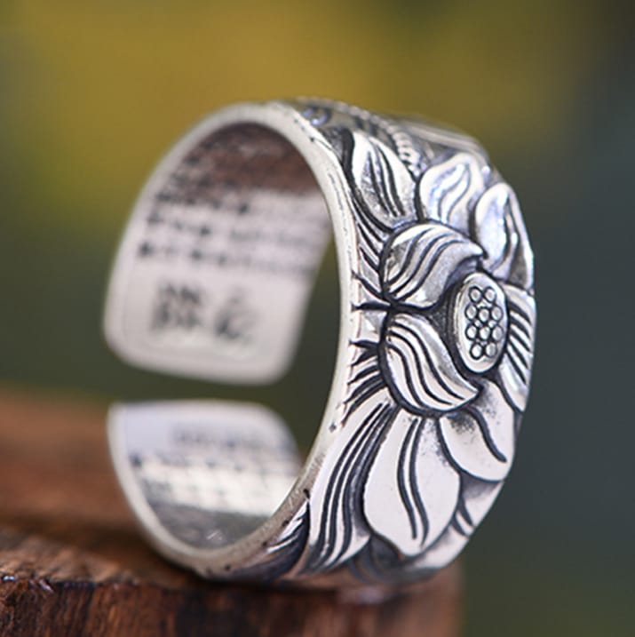 Thai Silver Black Lotus Heart Sutra Ring, view 1