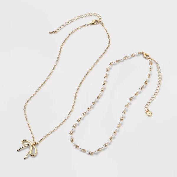 Gold-Tone Pearl and Bow Necklace Set, view 1