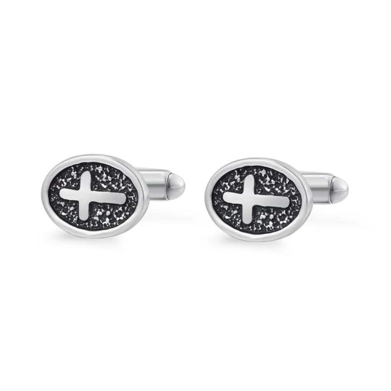 Vintage Oval Cross Stainless Steel Cufflinks, Silver, view 1