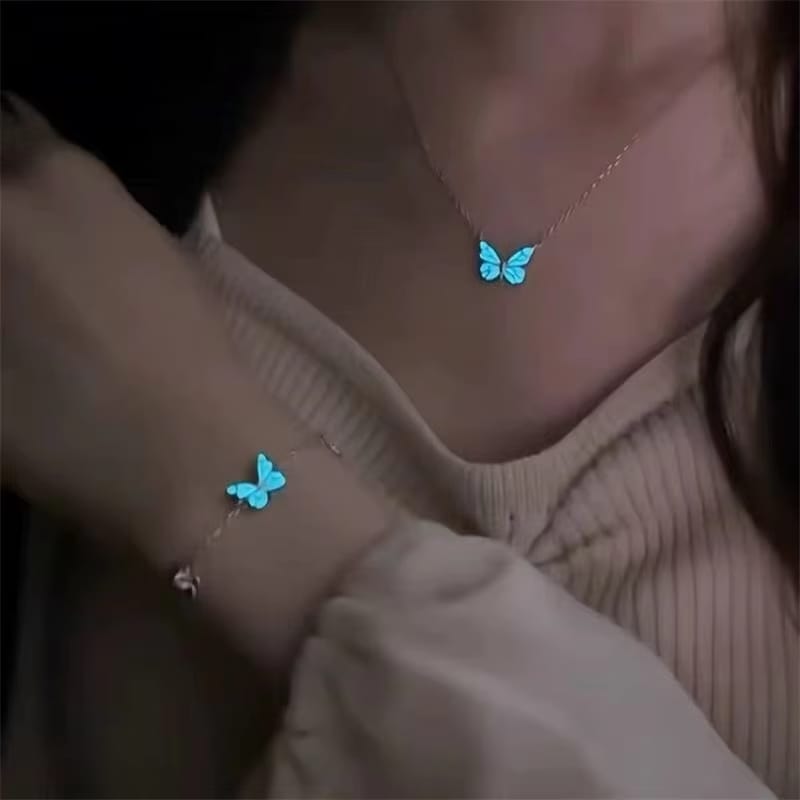 Fashion Blue Luminous Butterfly Necklace Bracelet Set, view 1