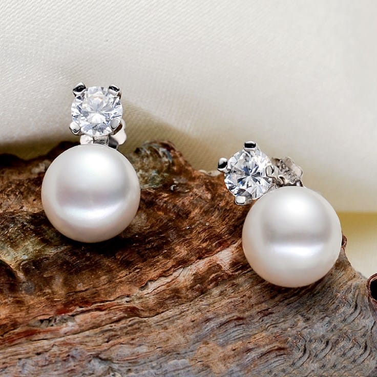 Round Pearl Stud Earrings, view 1