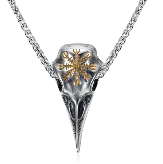 Viking Skull Eagle Beak Pendant Necklace, silver gold