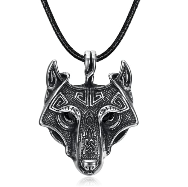 Norse Wolf Head Pendant Chain, silver rope