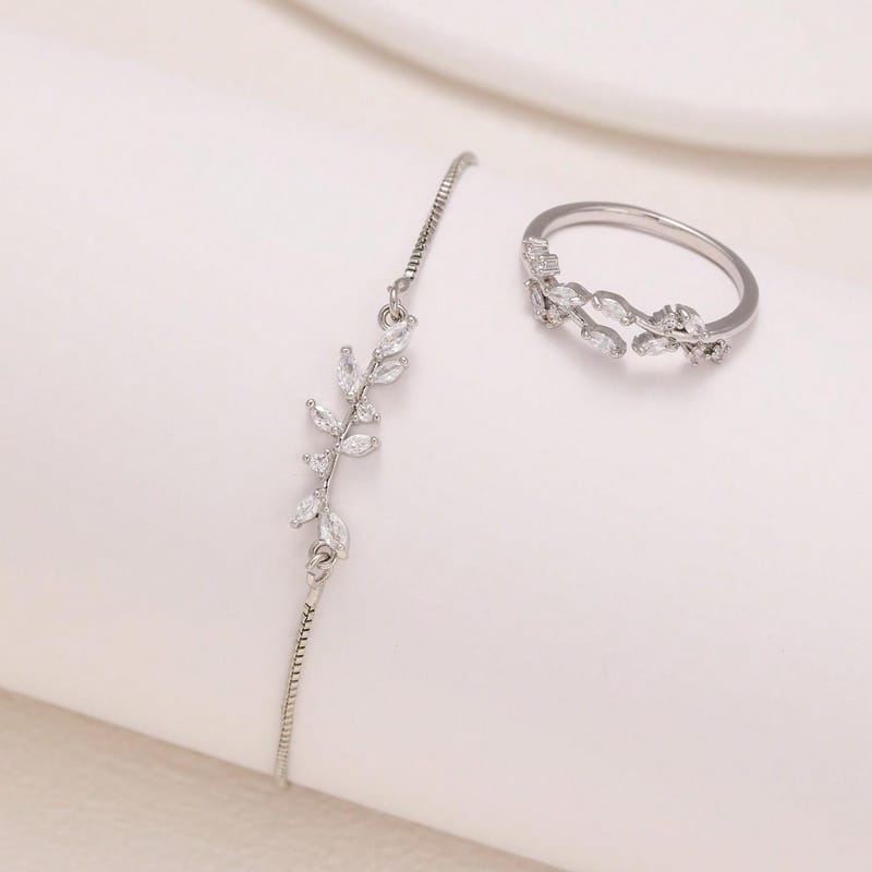 Silver Leaf Zircon Bracelet & Ring Set, view 1