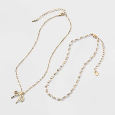 Gold-Tone Pearl and Bow Necklace Set