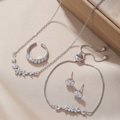 Silver-Tone Zircon Flower Jewelry Set