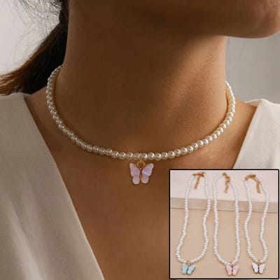 Pearl Butterfly Bow Choker Necklace