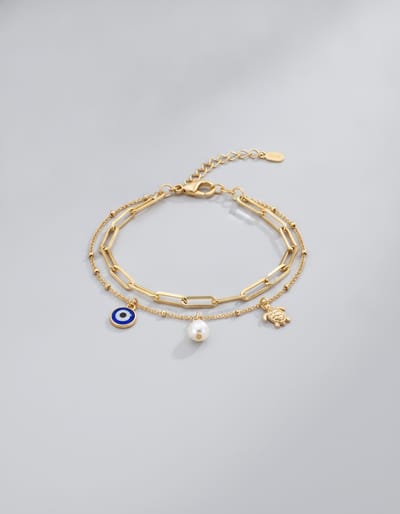 Dainty Layered Bracelet with Evil Eye, Pearl and Turtle Charms