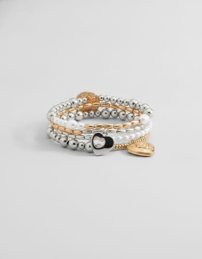 Heart Charm and Pearl Beaded Bracelet 5-Piece Set